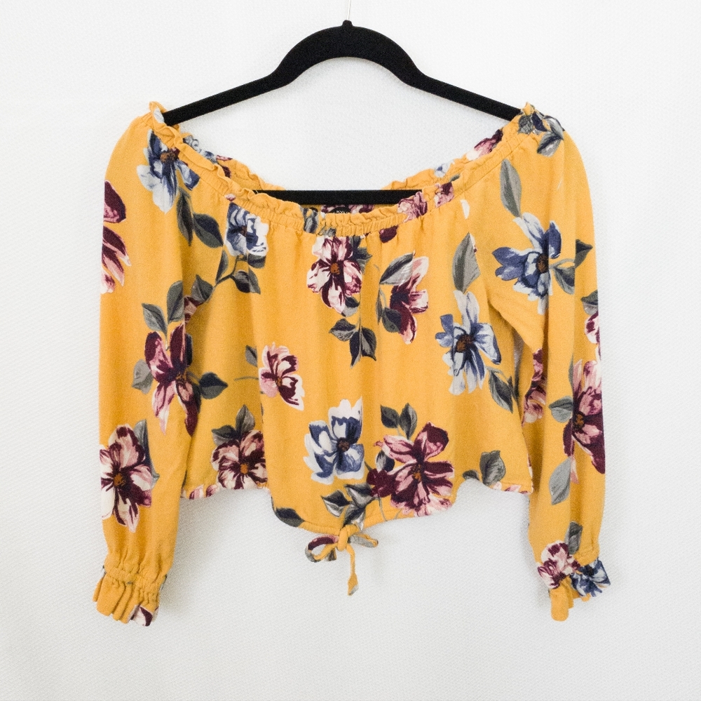 Kendall & Kylie Mustard Yellow Floral Off the Shoulder Crop Top Size S